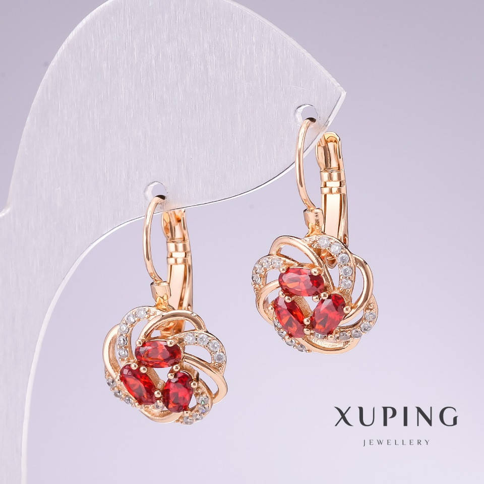 

Серьги Xuping позолота 18к с камнем цвет красный и белыми стразами 24х15мм