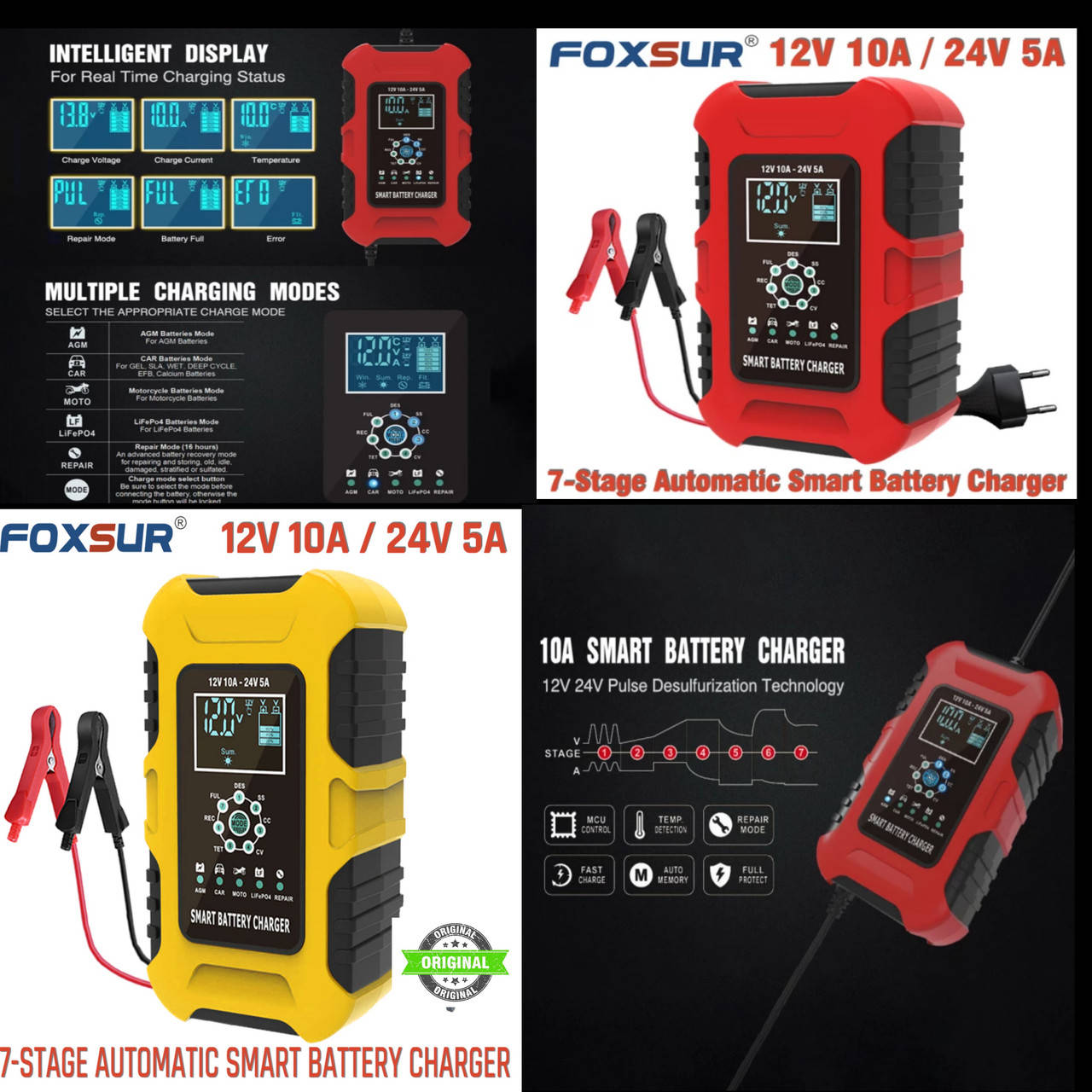 

Foxsur 12V/10A-24V 5A/Автоматическое Зарядное устройство для авто Десульфатор/SMART