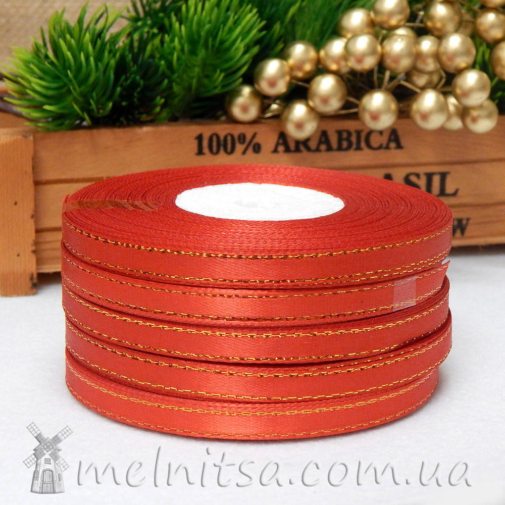 

Атласная лента с люреском 0,6 см, красная+золото, 1 рулон 33 м