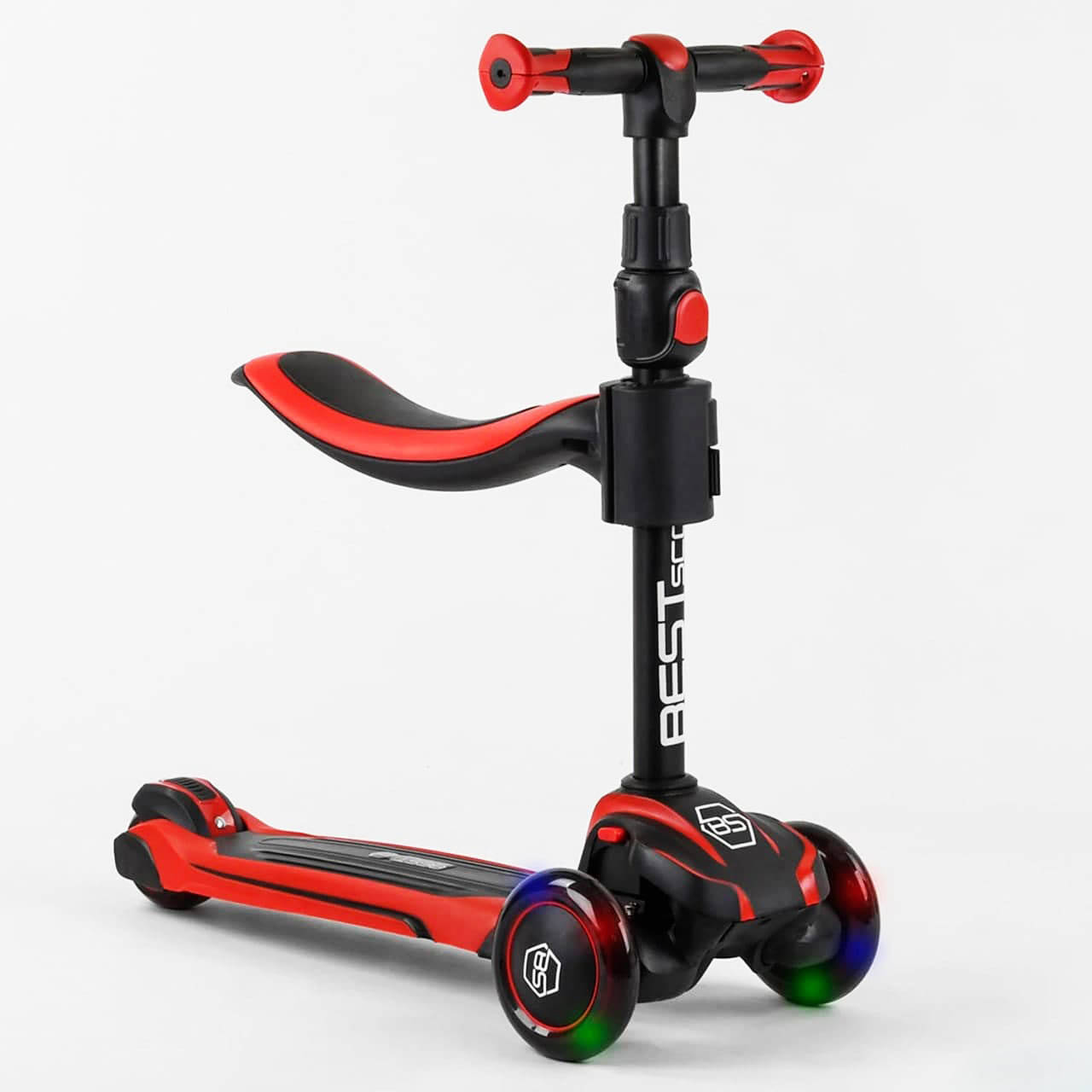 

Детский трехколесный самокат Best Scooter Мини со съемным сидением черно красный цвет