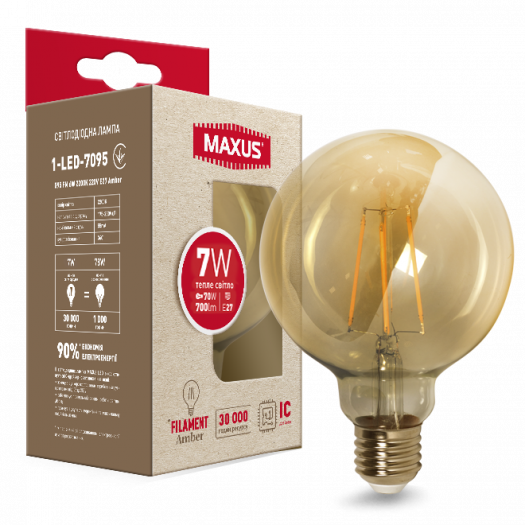 

Лампа светодиодная G95 Maxus филамент 1-LED-7095 7W 2200K 220V E27 Amber