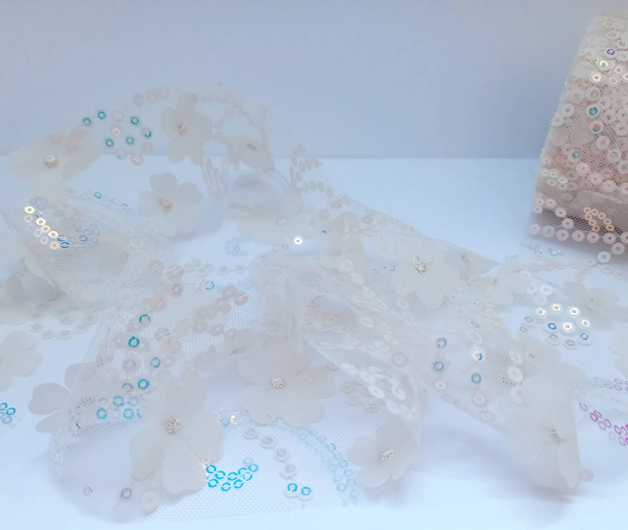 

Фатин з пайєтками та квіточками, 6см, колір-молочний, 1ярд