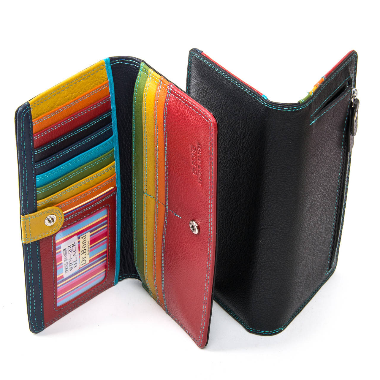 

Кошелек кожаный женский черный на кнопке 15 отделов для карт Dr.Bond Rainbow WRN-22