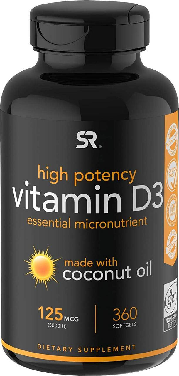 

Витамин Д3 Sports Research Vitamin D3 with Coconut Oil 125 mcg 5000 IU 360 гелевых капсул