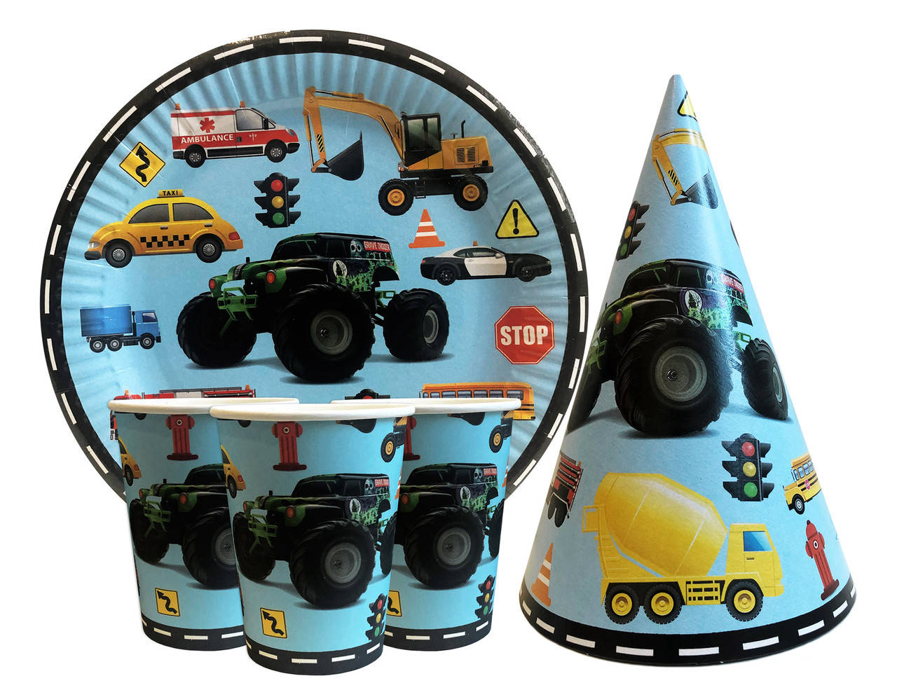 

Набор для детского дня рождения "Машинки" Тарелки -10 шт Стаканчики - 10 шт Колпачки - 10 шт