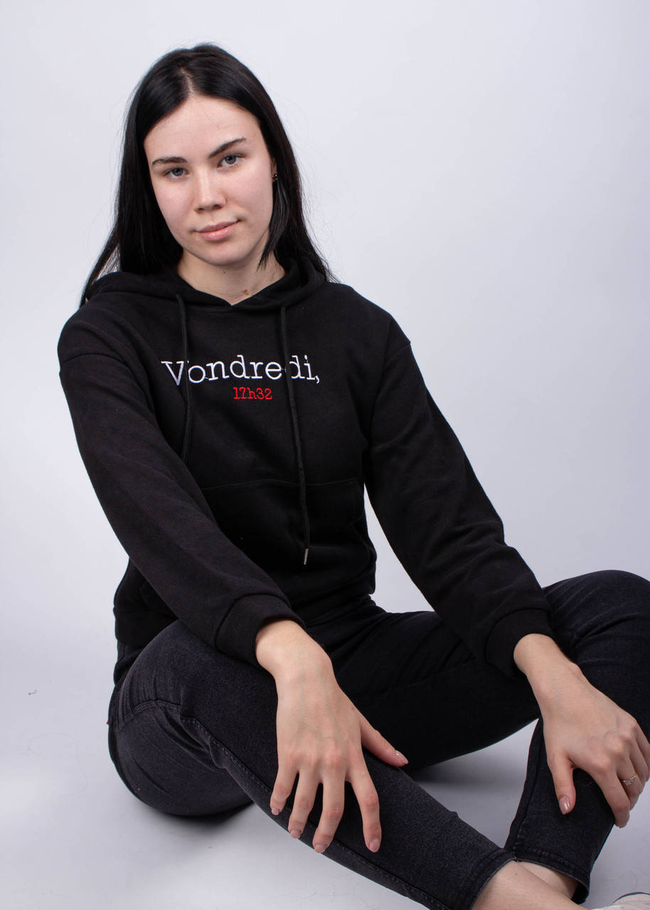 

Худи женское короткое с капюшоном и принтом "Vondredi" черное M, Черный
