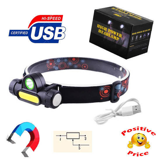 

Фонарик Налобный - 2 вида LED + COB, c магнитом, Micro USB WX8101. 10 W "Luminex", Черный