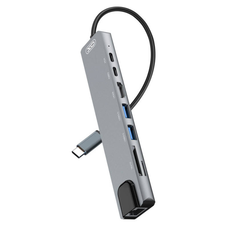 

HUB адаптер Type-C XO 8в1 (HDMI / USB2*2 / PD Fast charge / PD date read / SD Card / TF Card / RJ45 переходник