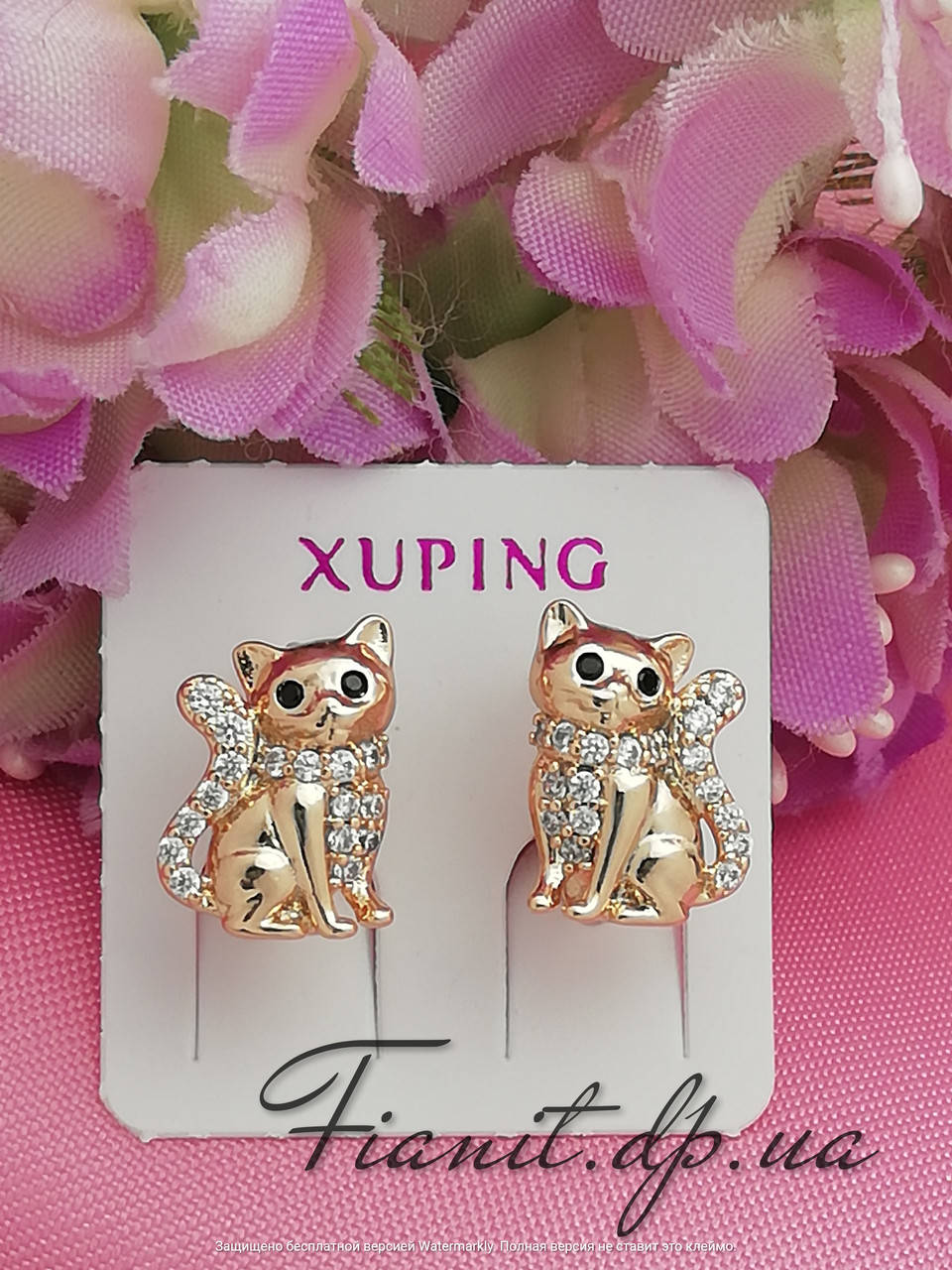 

Детские серьги, сережки Котики Xuping с белыми фианитами медицинское золото, медзолото, позолота