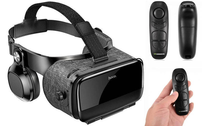 

3D Шлем виртуальной реальности для телефона с джойстиком и наушниками VR Box 3D Очки Hoco Виар бокс с пультом, Черный