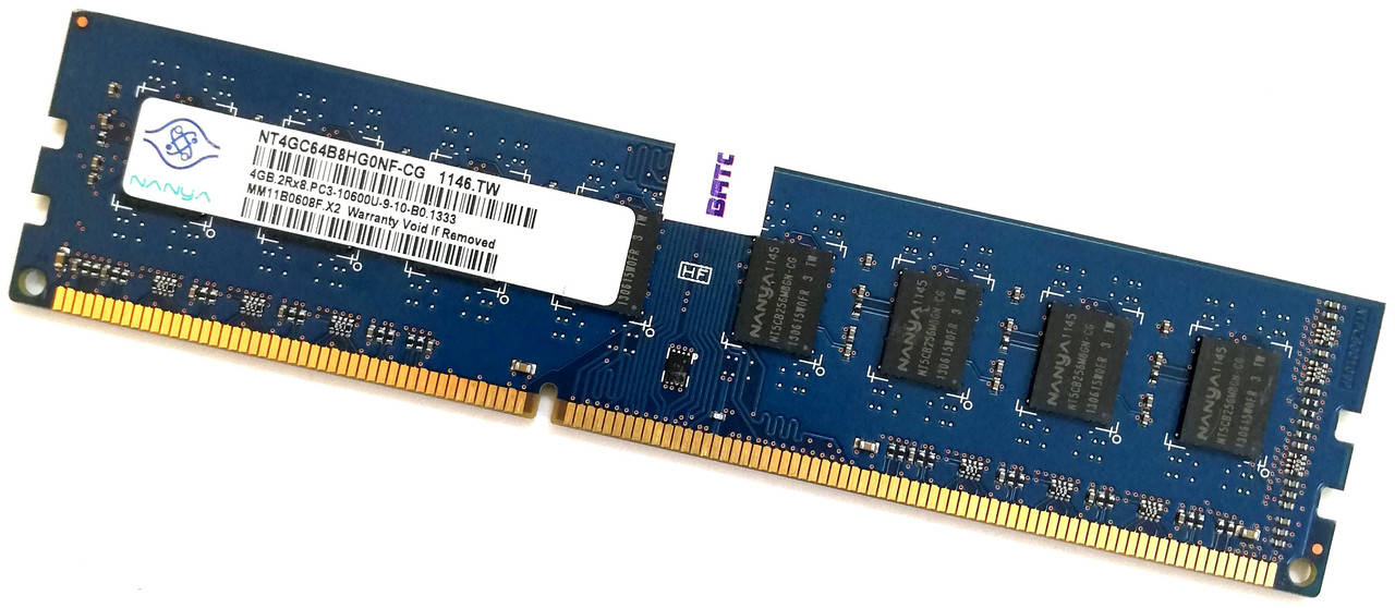 

Оперативная память Nanya DDR3 4Gb 1333MHz PC3-10600U 2R8 CL9 (NT4GC64B8HG0NF-CG) Б/У