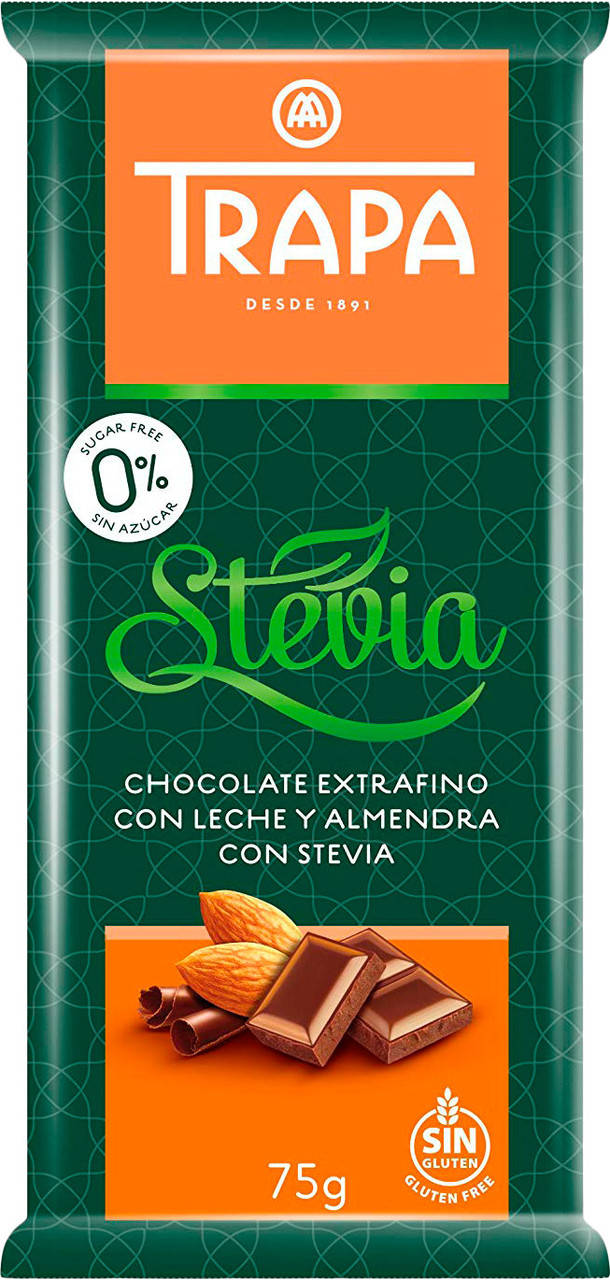 

Шоколад молочный без сахара и без глютена Trapa Stevia с миндалем 75г Испания